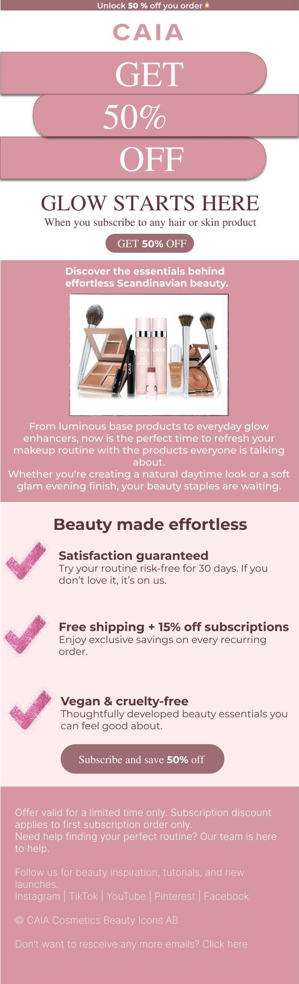 CAIA Cosmetics subscription offer email