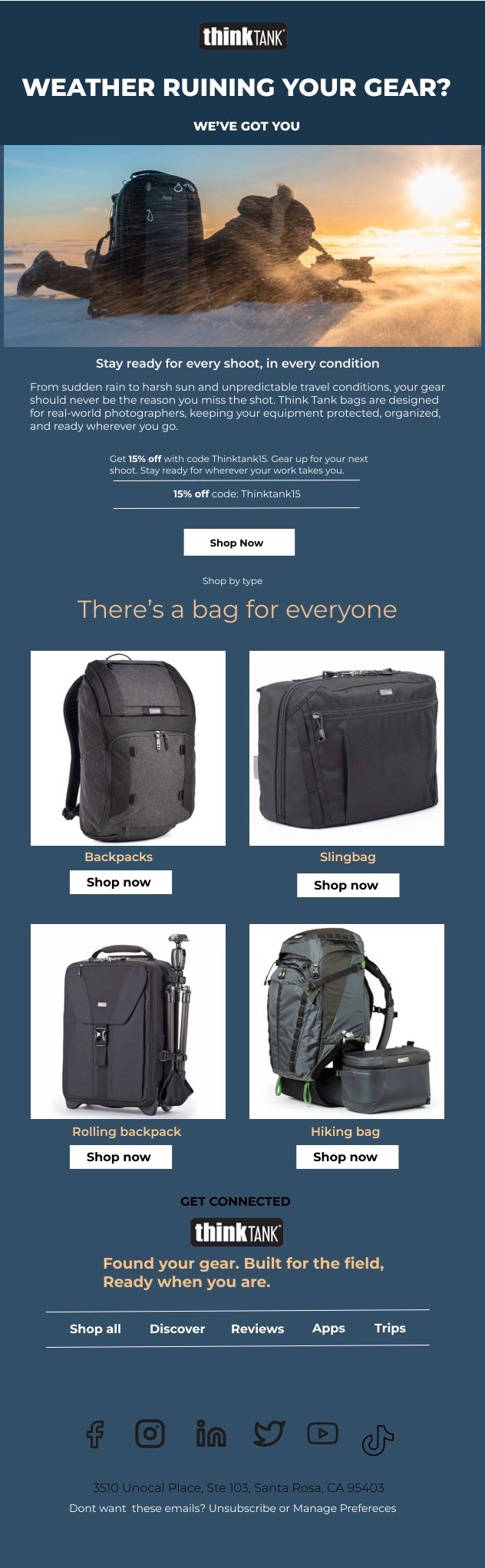 Think Tank camera bag gear guide email