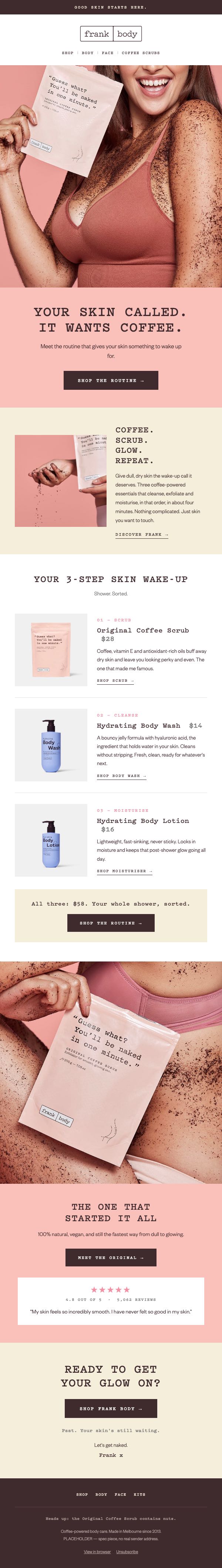 Frank Body three-step coffee scrub routine email