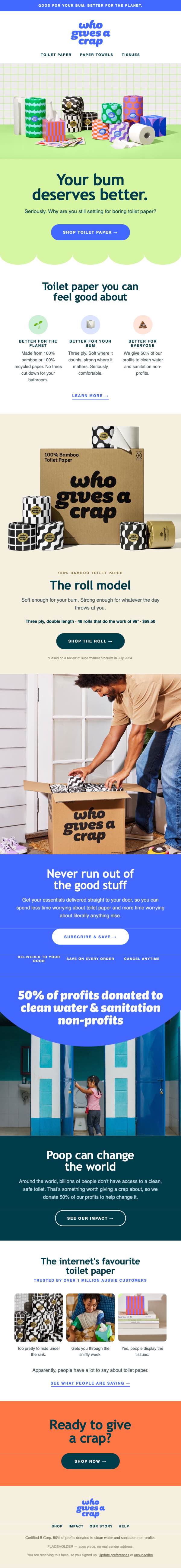 Who Gives A Crap toilet paper acquisition campaign email